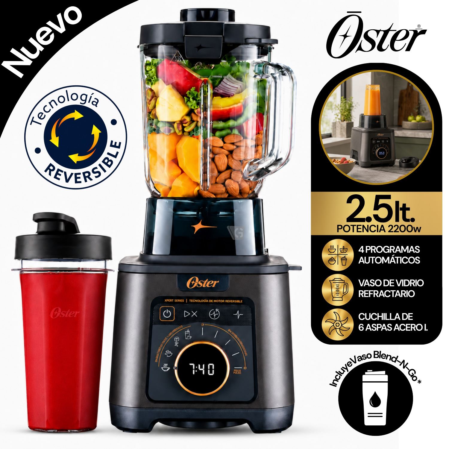 Licuadora Profesional Titan Oster de 2200 W con 4 Programas, 5 Velocidades BLSTXT-XG